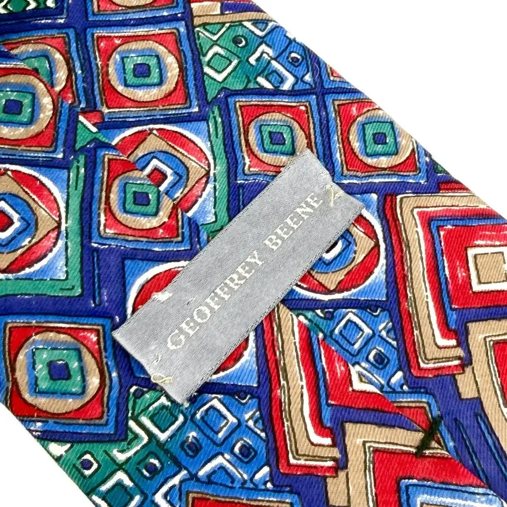 Vintage 90s Geoffrey Beene Blue Green Red 100% Silk Geometric Necktie